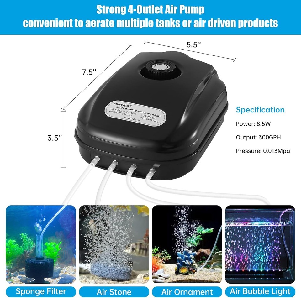 AQUANEAT Aquarium Air Pump 300GPH, for up to 200 Gallon Fish Tank