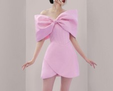 Women Sexy Off Shoulder Elegant Mesh Pink Wrap A-line Short Dress with Bow Decor