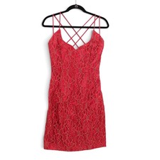 Jessica McClintock Gunne Sax Mini Dress 7/8 Red Gold Metallic Floral Lace VTG