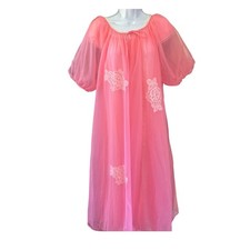 Vintage Lisette Peignoir Chiffon Lace Robe Coquette Barbiecore Puff Sleeve 34