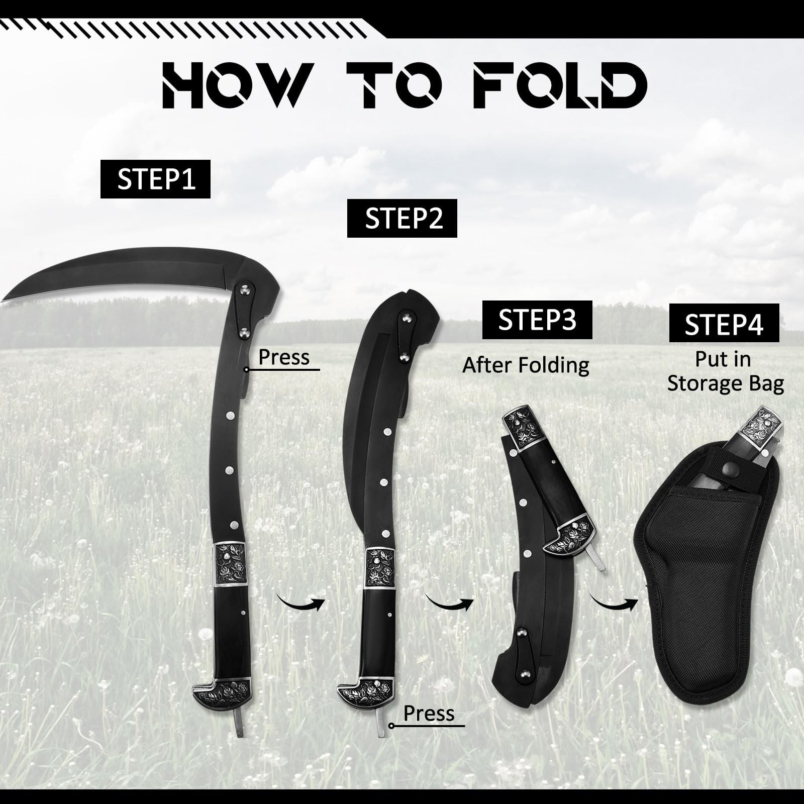 2 Pcs Black Sharp Folding Sickle 14.6 inch Grass Hand Sickle Knife Wooden Han...