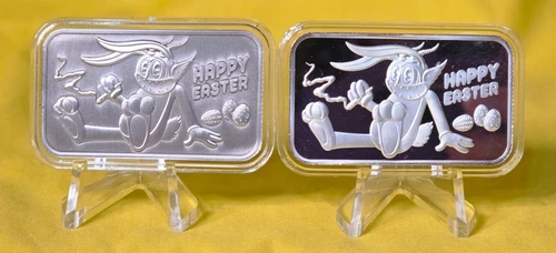 Pit Bullion~HAPPY EASTER 2 Bar Set~ 1 PR & 1 ANTIQ (2) 1oz. .999 F.S