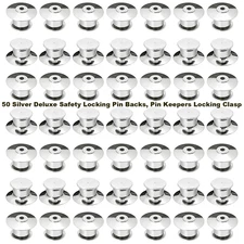 50 Silver Deluxe Safety Locking Pin Backs, Pin Keepers Locking Clasps Scouts Uni