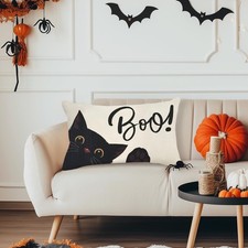 Halloween Decorations Black Cat Boo Pillow Covers Couch Sofa Gift 12"x20"