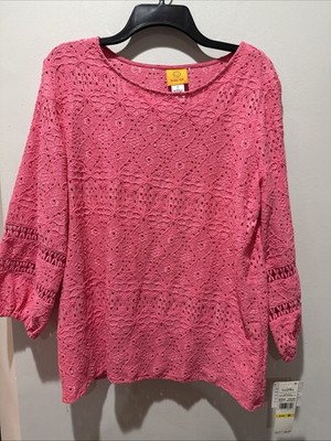 Ruby Rd. Women's Diamond Eyelet Solid Lined Crinkle Knit Top Sz M NWT MSRP $60