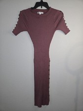 Say What? Mauve Solid Ribbed Knit Bodycon Dress, Stretch, Button, Long, S Y2K
