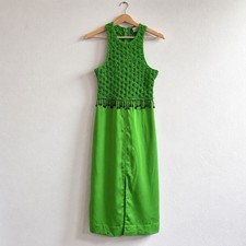 GANNI Kelly Green Textured Satin Maxi Dress Beaded Fringe EU 34 US 2