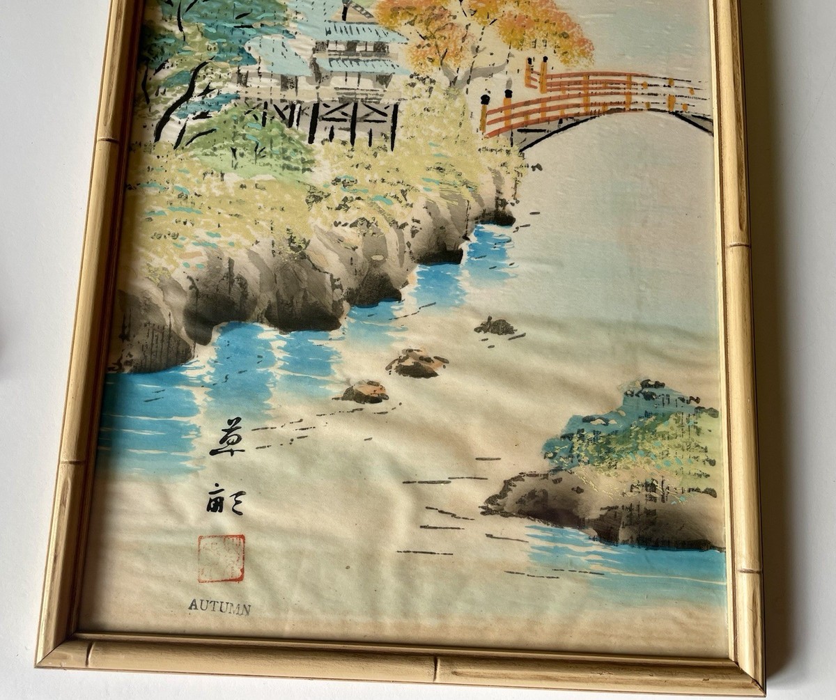 Pair Vintage Japanese Silk Landscape Paintings 1950s Mid Century