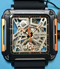 WM SQUARE SKELETON WATCH GOOD FORTUNE "FA" MECHANICAL AUTO HOLLOW DIAL SAPPHIRE