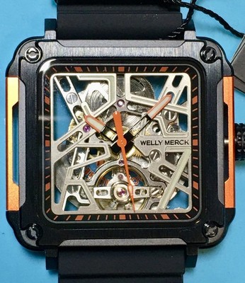 WM SQUARE SKELETON WATCH GOOD FORTUNE ''FA'' MECHANICAL AUTO HOLLOW DIAL SAPPHIRE