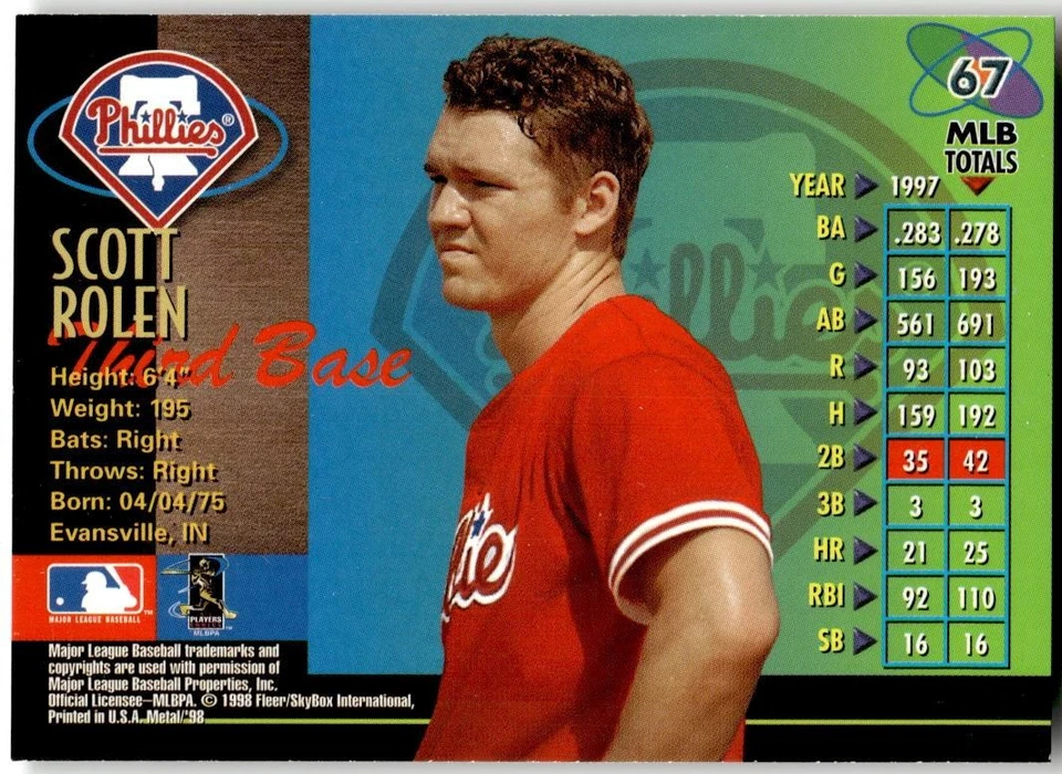 1998 Metal Universe #67 Scott Rolen - Image 2 of 2