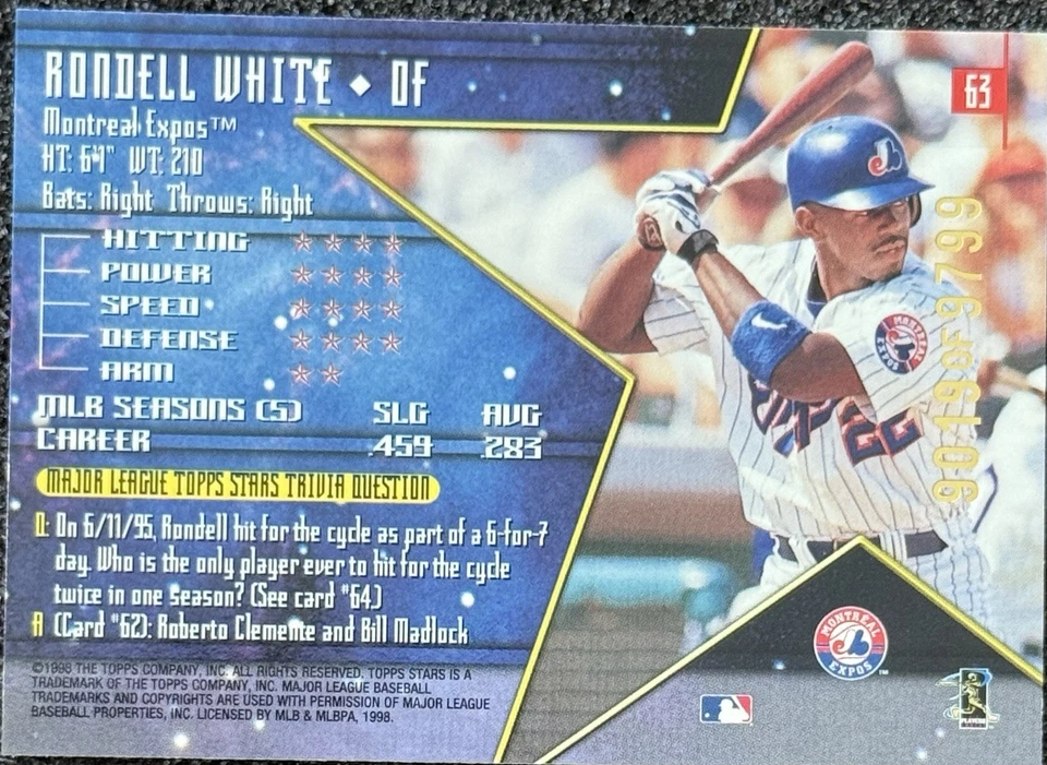 1998 Topps Stars #63 RONDELL WHITE Montreal Expos Red /9799 - Image 2 of 2