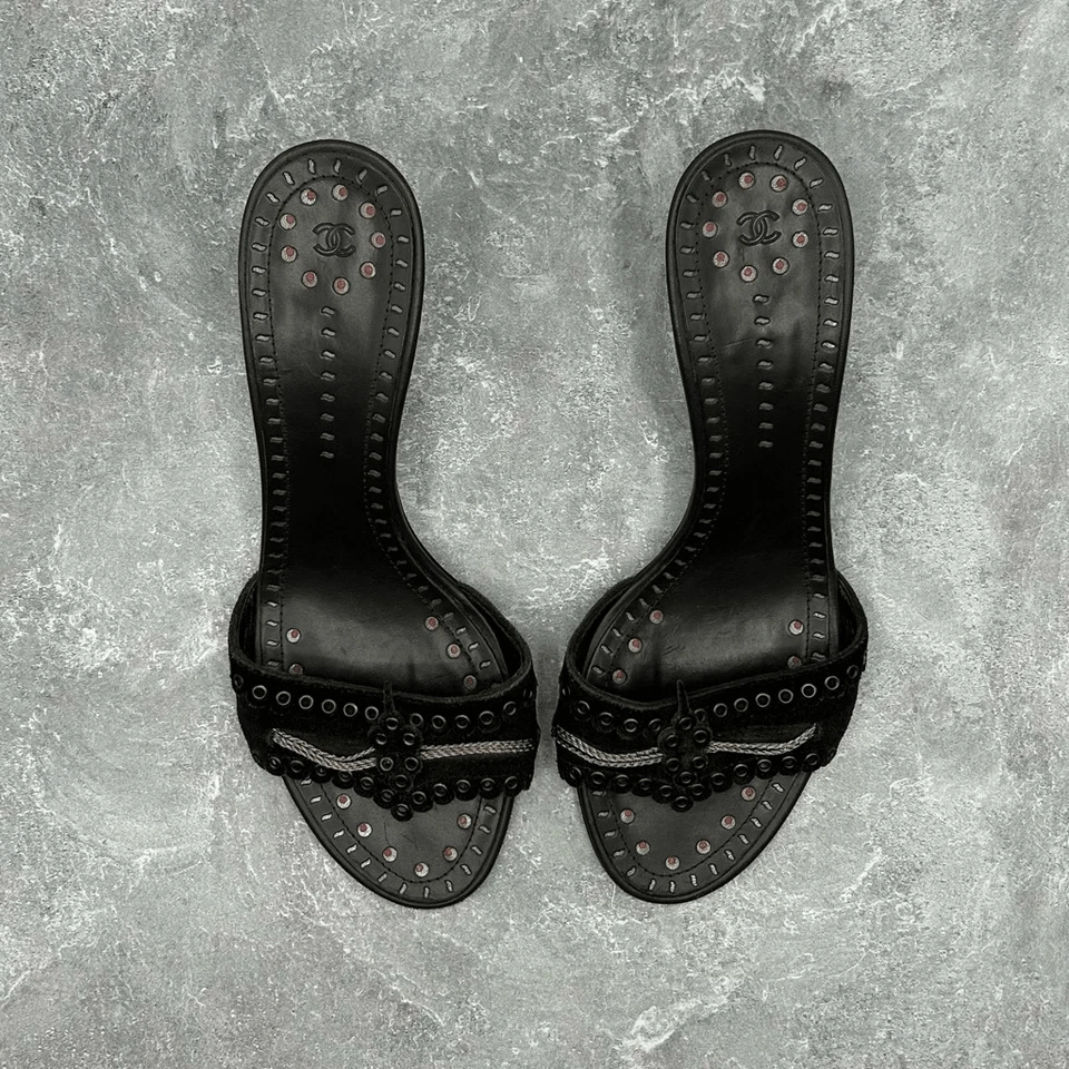 Роскошные женские черные замшевые кожаные туфли на каблуке для котят Chanel размер 38 евро без шнуровки - Изображение 4 из 4