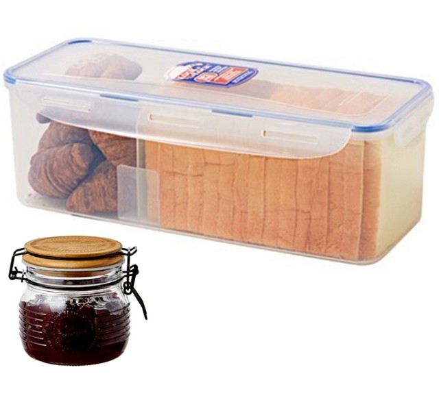 Lock & Lock NEW Plastic Bread Box (HPO849) and Glass Jam Jelly Canister