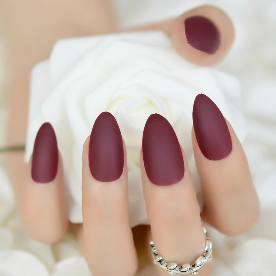 STILETTO MATTE *BURGUNDY* Full Cover Dark Red 24 Nail Tips Press On Glue  Set! | eBay