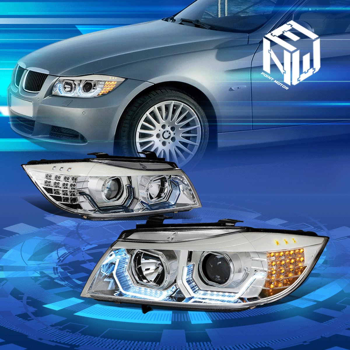 サントスピンク USヘッドライト 09-12 BMW E90 4-DR BLUE LED 3D HALO
