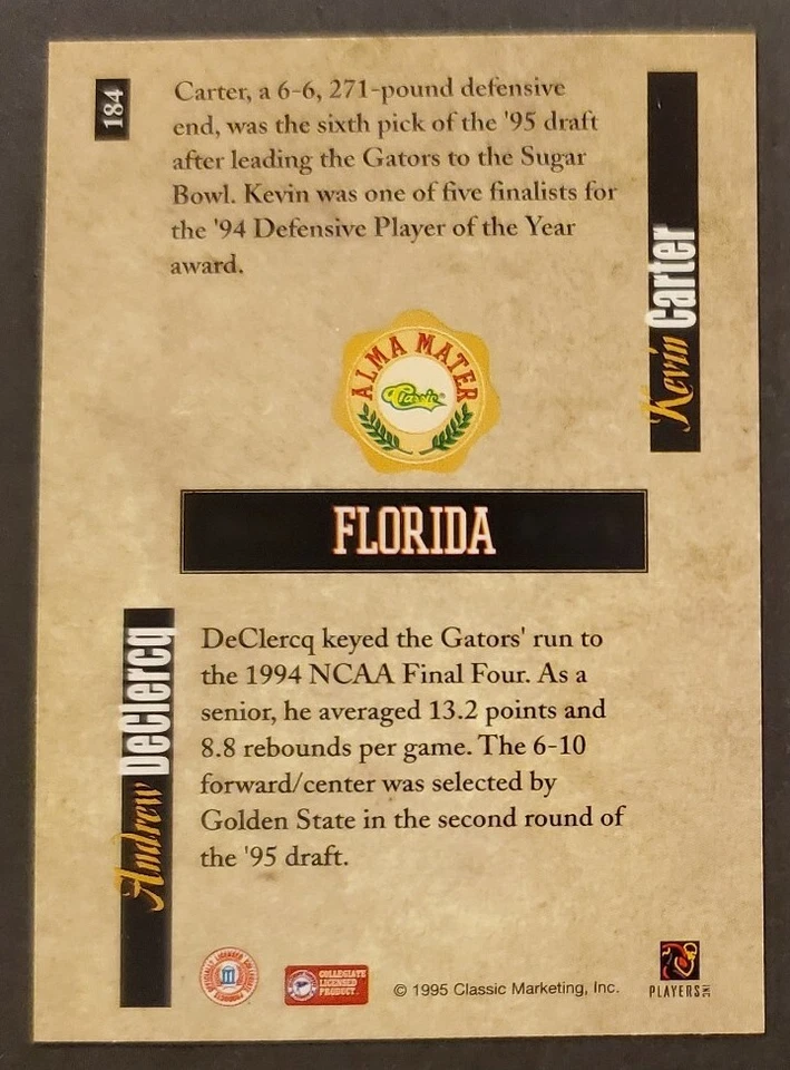 1996 Classic 5 Sport #184 Kevin Carter/ DeClercq RC GATORS ALMA MATTER NM/MT - Image 2 of 2
