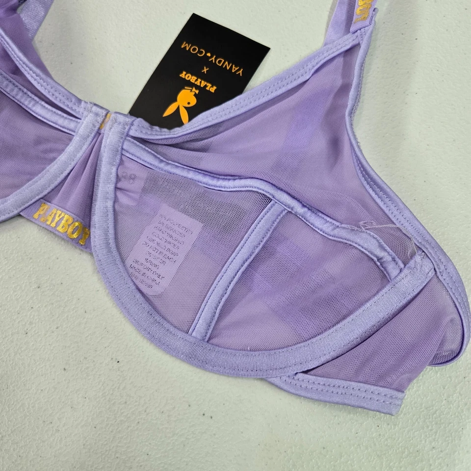 Sutiã Playboy x Yandy Feminino Grande Extra Grande Roxo Transparente Sem Forro Logotipo com Aro Novo com etiquetas - Imagem 3 de 4