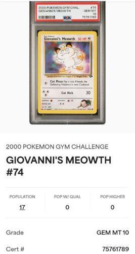2000 Pokemon Gym Challenge Giovanni's Meowth #74/132 PSA 10 GEM MINT LOW POP - Afbeelding 1 van 1