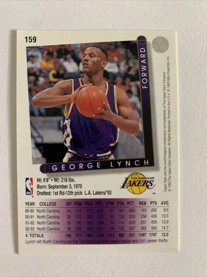 George Lynch Upper Deck 1993-1994 Tarjeta No. 159 Foto 2 de 3