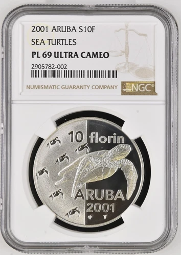 2001 Aruba 10 Florin Silver Proof NGC PF69 Ultra Cameo Sea Turtles 2000 Mintage