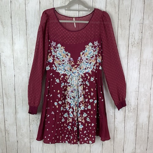 Free People Damen Minikleid Gr. 12 transparente Ärmel Blumenmuster weinrot Fit & Flare