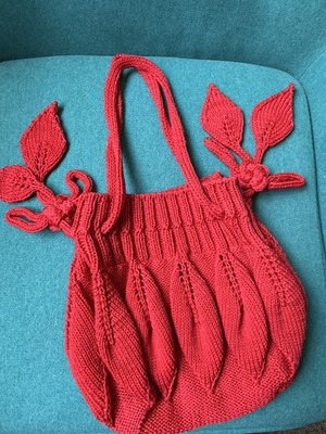 Hand Knit Hand Crocheted Bag Red Floral Design Drawstring Strap Tote Handmade