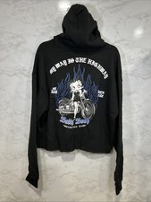 Betty Boop Retro Cartoon Biker Club Rhinestone Women Black Cropped Hoodie Sz XL