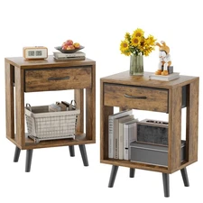 Nightstands Set of 2 with Fabric Storage Drawer and Open Wood Shelf, Side Tab...