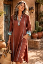 Boho Rust Embroidered Kaftan Dress L Southwest Tunic Long Ethnic