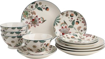 222 Fifth Perse 12pc Dinnerware Set; Porcelain Plates Bowls Floral Set 4