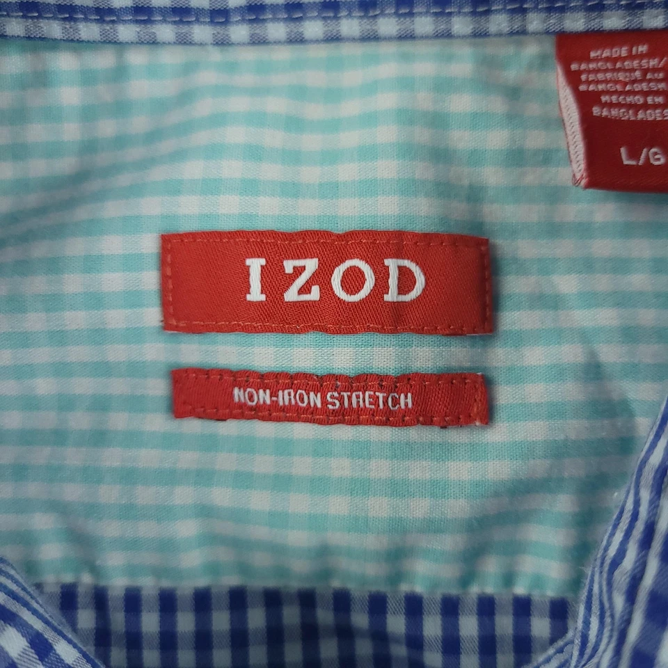 Izod Shirt Mens Large Blue Green Gingham Non Iron Stretch Long Sleeve Button - Image 4 of 4