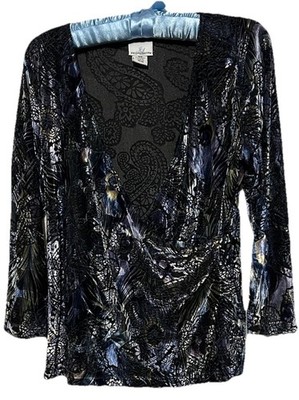 Jaclyn Smith Top M Velvet Burnout Stretch Peacock Feathers Y2K Whimsigoth Shirt