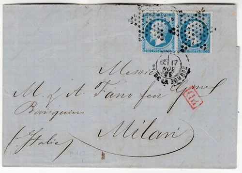 FRANCE 1865 pair 20c blue on outer/wrapper to MILANO ITALY with STAR OF DOTS cds