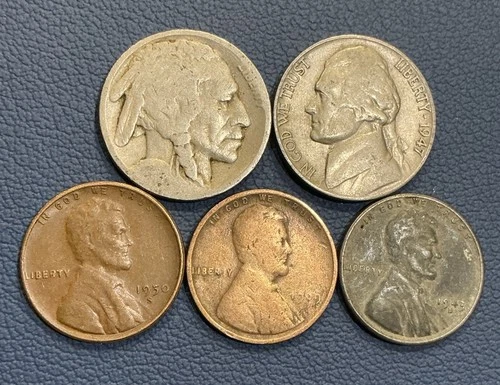 Coin Lot - 1909 Wheat Cent + 1950 S Cent + Steel Cent + Buffalo/Jefferson Nickel