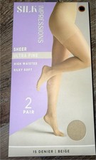Silk Impressions  2 Pair Pantyhose Beige 15 Denier Sheer Ultra Fine  3XL