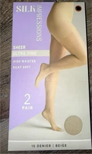 Silk Impressions ~ 2 Pair Pantyhose Beige 15 Denier Sheer Ultra Fine ~ L