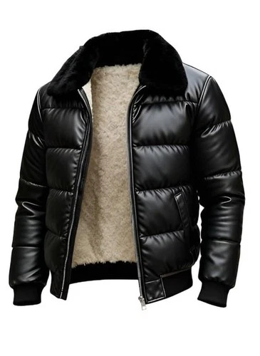 Mens Black Leather Puffer Coat Shearling  Fur faux Collar Quilted Bomber Winter - product listing photo