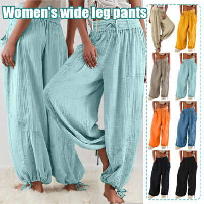 Baggy Pants Women Wide Leg Elastic Waist Drawstring Crumpled