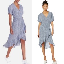 Women's J.CREW Mercantile Ruffle Wrap Blue Floral Hi-Low Midi Flutter Dress S