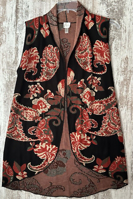 CUPIO Women's Size S Black/Red/Tan Paisley Cascade Duster Sleeveless Open Duster