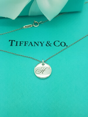 Tiffany Silver Alphabet Disc letter Initial H pendant 16