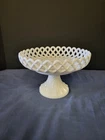 C.1890 CHALLINOR TAYLOR MILK GLASS PEDESTAL OPEN LATTICE FRUIT BOWL COMPOTE