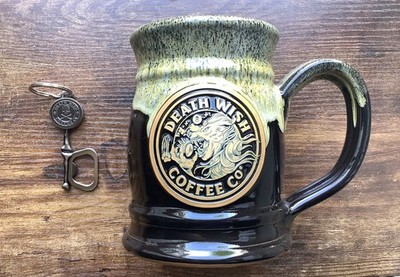 death wish coffee two faced mug deneen pottery tankard with htf key chain rare