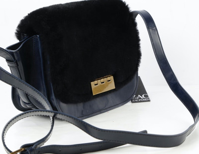 Zac Posen Bag Eartha Accordion Midnight Navy Black Patent Leather Shearling Fur