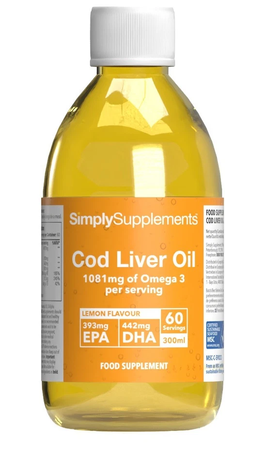 SIMPLY SUPPLEMENTS Liquid Cod Liver Oil * Natural Lemon Flavour * 300ml Bottle = 60 Servings