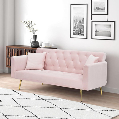 Modern 71-Inch Velvet Futon Sofa Bed with Golden Legs & 2 Pillows