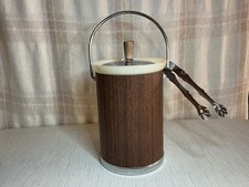 Kromex Ice Bucket MCM Faux Wood Chrome Accents with ice tongs Made In USA