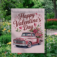 Happy Valentine's Day Garden Flag Pink Truck Flower Rose Outdoor Yard Decor
