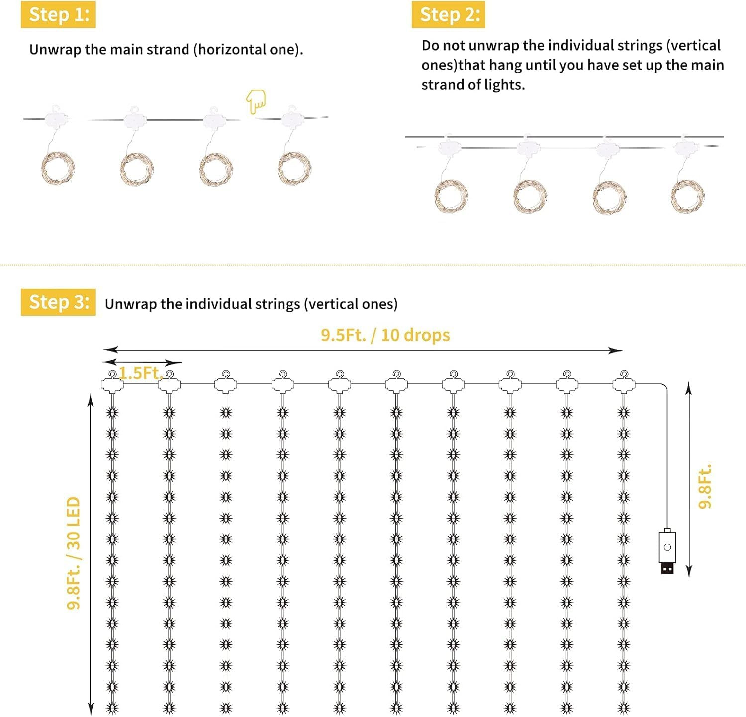 Curtain Lights, 300 LED Dimmable Fairy Lights with Remote and Timer, 8 Modes, US